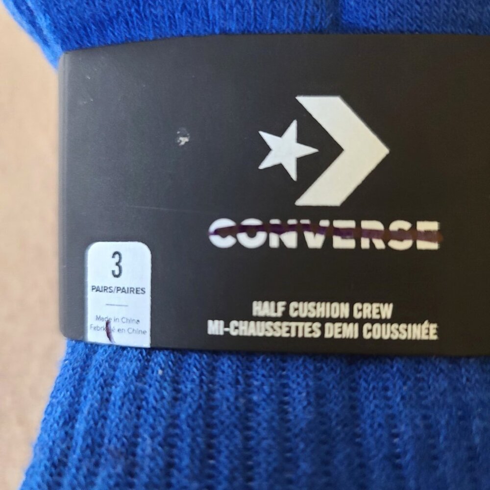 Converse Half Cushion Crew Socks 3 Pack White Blue Mens 6-12 Striped Logo NWT - Picture 9 of 11